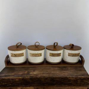 Rustic 4 Pcs Ceramic Jar Set with Wooden Tray | Adornia.pk