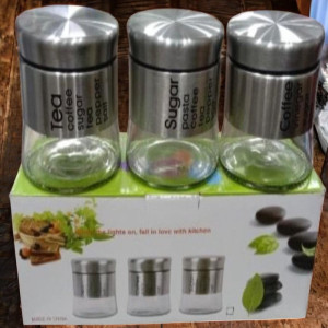 3-Piece Glass Jar Set with Steel Lid – Tea, Sugar, Coffee | Adornia.pk