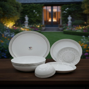 26-Piece Opalware Dinnerware Set – Elegant Grey Geometric Border Design