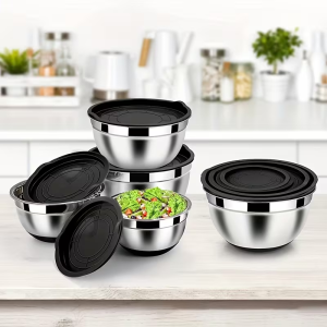 Premium Stainless Steel 5-Piece Bowl Set with Silicone Lids & Non-Slip Base – Freezer & Dishwasher Safe