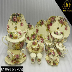 ROYAL ALBERT Dinner Set (Off-White Body) – Elegant 75 Pcs Full Crockery for 8 Persons | Premium Ceramic Tableware & Serveware Collection