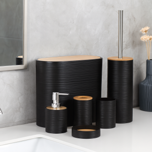 Modern Black Bathroom Accessory Set with Bamboo Accents