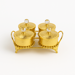 Luxury Golden Crystal 4-Piece Condiment Set with Stand | Elegant Tabletop Spice & Sauce Organizer