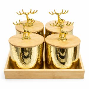 5Pcs Luxury Gold Storage Jar Set with Deer Handle Lids & Bamboo Tray