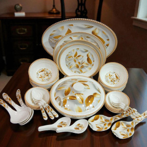 Premium 54 PCS Melamine Dinner Set – Golden Leaf Edition | Adornia.pk