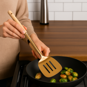 Stainless Steel Golden Turner Spatula with Wooden Handle – Premium Kitchen Tool