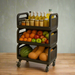 3 Tier Black Metal Storage Rack with Wheels | Heavy-Duty Kitchen & Pantry Organizer for Fruits, Vegetables, Bottles & Groceries