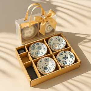 Elegant Japanese Ceramic Bowls with Golden Ribbon Bag â€“ Set of 4
