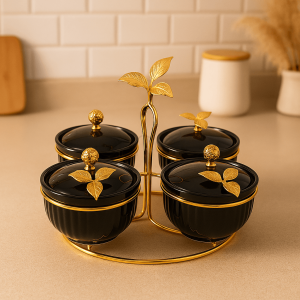 Luxury Black & Gold 4-Piece Leaf Condiment Set with Stand | Elegant Tabletop Spice & Sauce Organizer