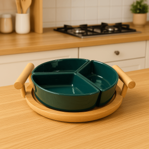 Luxury Green 3-Partition Ceramic Serving Tray with Wooden Base | Elegant Appetizer & Snack Platter