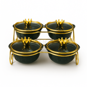Luxury Black & Gold 4-Piece Crown Condiment Set with Stand | Elegant Tabletop Spice & Sauce Organizer