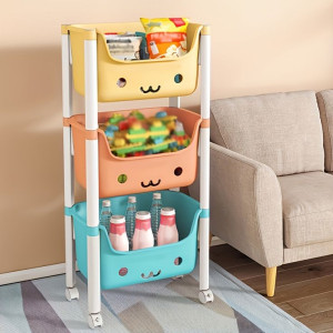 Kids Multi-Tier Toy Storage Organizer with Cute Cartoon Bins & Wheels â€“ Durable Plastic Shelf for Playroom & Nursery