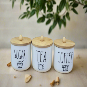 3-Piece Ceramic Jar with Bamboo Lid Tea Coffee Sugar