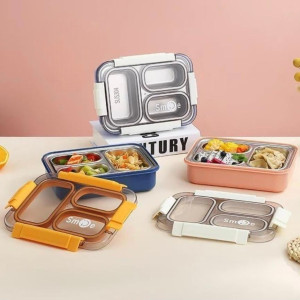 Stainless Steel 3 Portion Lunch Box | Large Capacity Bento Container for Hiking & Picnic
