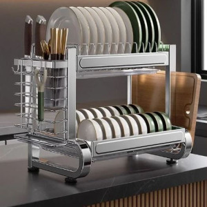 Stainless Steel Dish Drying Rack, Dish Drainer Over Sink Draining with Drip Tray with Cutlery Holder (Silver)