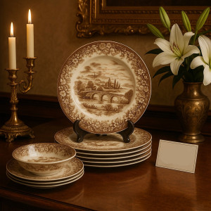 Vintage Elegance 18-Piece Dinner Plate Set – Classic Brown Floral & Scenic Design | Premium Porcelain Tableware for Timeless Dining