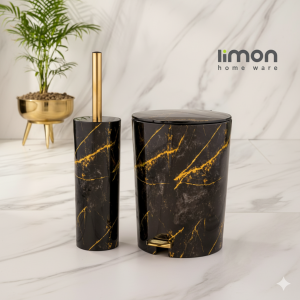 Limon MarblePrint Dustbin & Brush Set – Elegant Marble Design Waste Bin with Toilet Brush | Adornia.pk