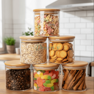 6 Pcs Clear Glass Food Canisters with Bamboo Lid Airtight