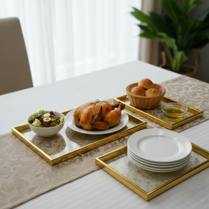 3-Piece Gold Transparent Flowers -Design Serving Tray Set