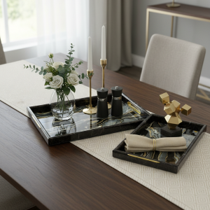 3-Piece Black & Gold Marble-Look Serving Tray Set