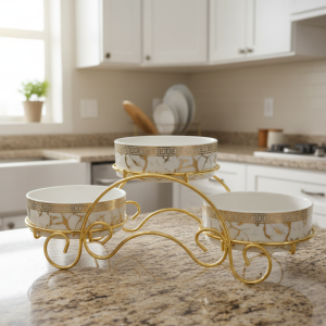 Elegant Serving Ceramic Bowl with Metal Stand