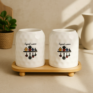 Superb Cuisine Ceramic Utensil Holder Set with Bamboo Base â€“ Double Jar Kitchen Organizer
