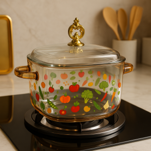 Luxury Amber Glass Cooking Pot with Gold Lid â€“ Heat-Resistant Borosilicate Cookware for Gas & Stove