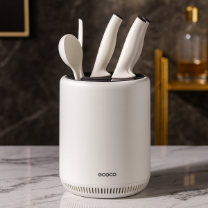 ECOCO Luxury White Kitchen Utensil Holder with Drainage Base â€“ Modern Countertop Cutlery & Knife Organizer