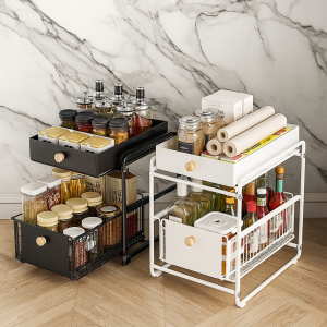 Ecoco Luxury 2-Tier Pull-Out Kitchen Organizer â€“ Heavy-Duty Metal Cabinet Storage Rack