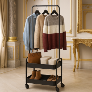 Luxury Rolling Garment Rack with Dual Storage Shelves â€“ Modern Metal Clothes Organizer