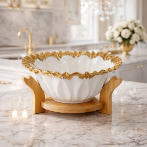 Luxury White Porcelain Fruit Bowl with Gold Rim & Wooden Stand