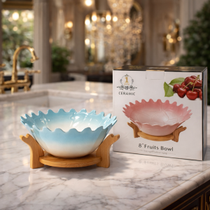 Luxury Scalloped Ceramic Fruit Bowl with Wooden Stand
