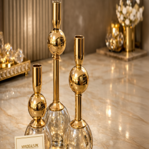 Luxury Gold & Crystal Glass Candle Holder Set (3-Piece Elegant Home Décor)