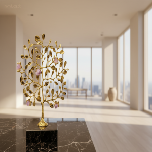 Luxury Golden Crystal Tree Decor with Natural Rose Quartz – Premium Tabletop Showpiece