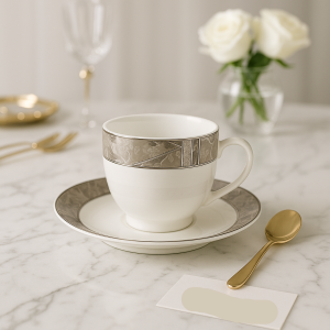 Luxury Porcelain Cup & Saucer Set – Silver Marble Design 6 Pcs | Elegant Tea Set Adornia Pakistan