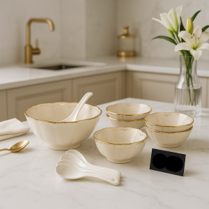 Luxury 14-Piece Porcelain Soup Set – Premium Cream & Gold Bowls with Spoons