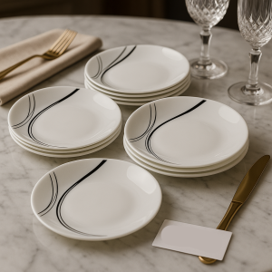 Luxury Porcelain Quarter Plate Set – 6pcs Modern Dining Plates with Black Wave Design | Premium Ceramic Tableware