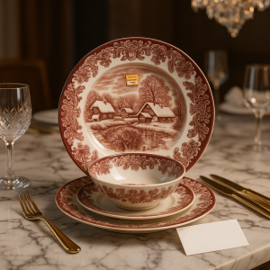 Luxury 18 Pcs Vintage Dinner Plate Set – Red Floral Design | Elegant Tableware for Classic Dining & Entertaining