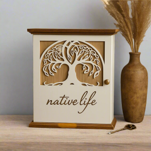 Rustic “Native Life” Wooden Wall Key Cabinet | Tree of Life Design – Decorative Key Holder Organizer