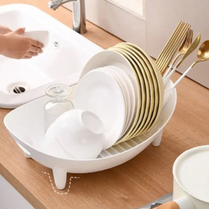 Plastic Kitchen Dish Drying Rack with Drain | Multifunctional Countertop Organizer for Plates, Bowls & Utensils (White)