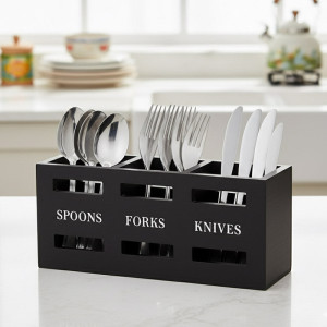 Wooden Utensil Holder With 3 Compartments