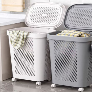 White & Grey Slim Laundry Hamper 60L | Clothes Storage Basket with Lid for Bedroom & Wardrobe Organization
