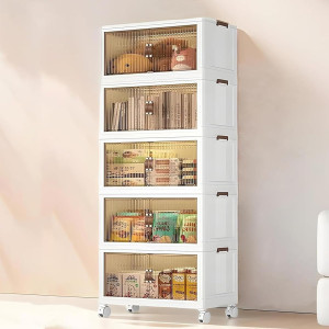 Stackable Storage Bins with Lids, 5 Tier Plastic Storage Cabinets Closet Organizers with Doors, Folding Storage Boxes for Home Kitchen Dorm