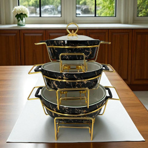 Elegant Imported Oval Porcelain Serveware – Black with Handles & Matching Lid
