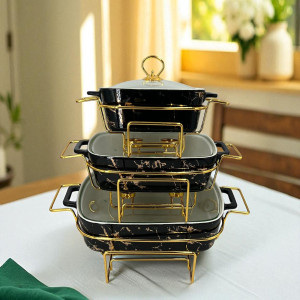 Luxury Imported Black Rectangular Porcelain Serving Dish – Lidded with Handles
