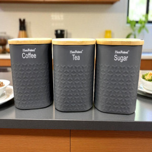 Metallic Canister Trio – Sugar, Tea & Coffee Jar Set with Airtight Bamboo Lids 1000ML (Grey)