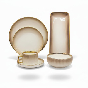 Premium Porcelain Dinner Set with - White & Brown Shaded Finish and Elegant Self Linning Texture