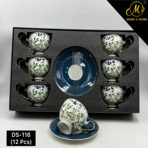 Premium 12-Piece Botanical Cups & Saucers Set — Fresh Blue & Green Leaf Johnson Bros inspired Design