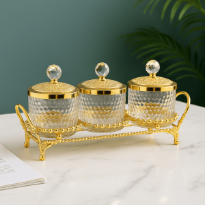 Luxury Golden Crystal 3-Piece Condiment Set with Stand | Elegant Tabletop Spice & Sauce Organizer