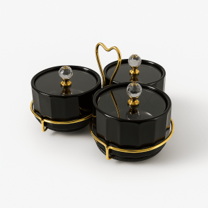 Luxury Black & Gold 3-Piece Heart Condiment Set | Elegant Tabletop Spice & Sauce Organizer